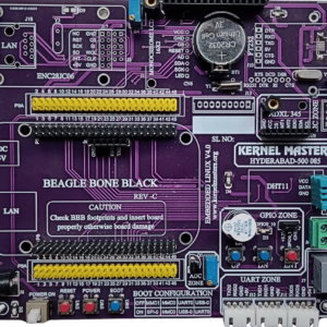 : Kernel Masters BeagleBone Black expansion board v4.0 with GPIO zones, UART zone, DHT11 sensor, and boot configuration.