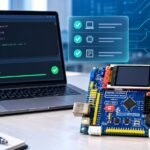 Flat-style illustration of STM32Cube IDE setup for Embedded C development on a computer