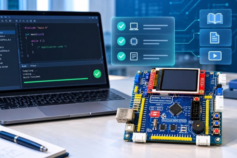 Flat-style illustration of STM32Cube IDE setup for Embedded C development on a computer