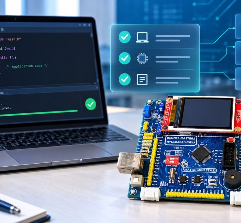 Flat-style illustration of STM32Cube IDE setup for Embedded C development on a computer