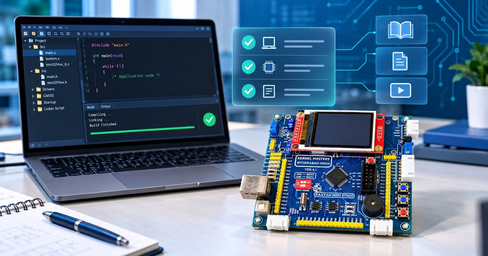 Flat-style illustration of STM32Cube IDE setup for Embedded C development on a computer
