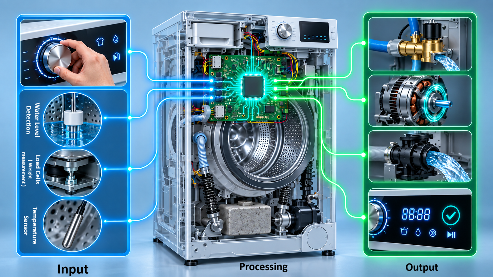 Embedded system concept showing input processing output and communication