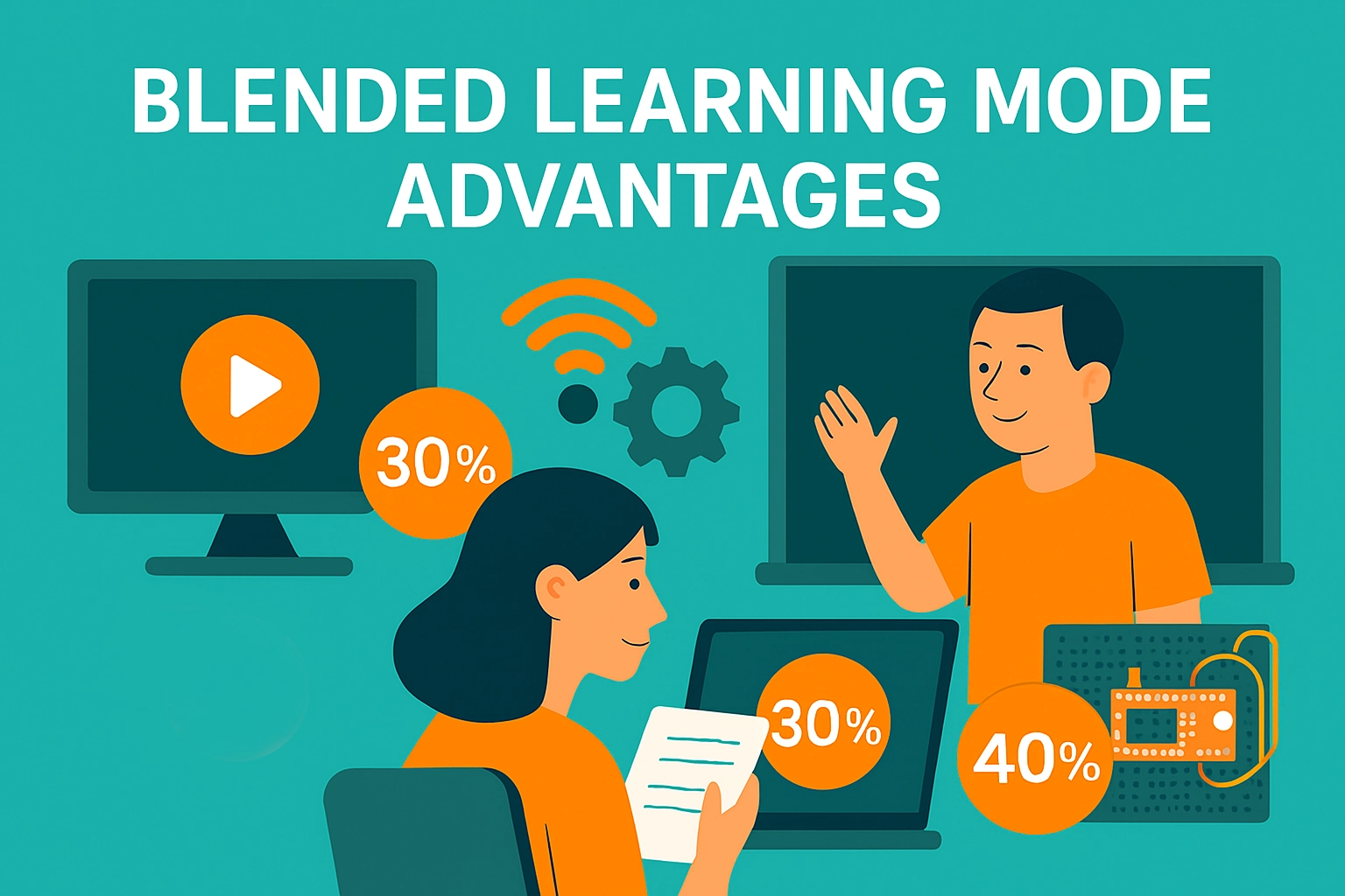 Visual representation of blended learning mode, featuring online sessions, live classroom interactions, and hands-on lab work for engineering students.