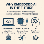 Illustration showing software, electronics, and AI as key components of embedded artificial intelligence including algorithms, chips, and neural networks. Embedded AI