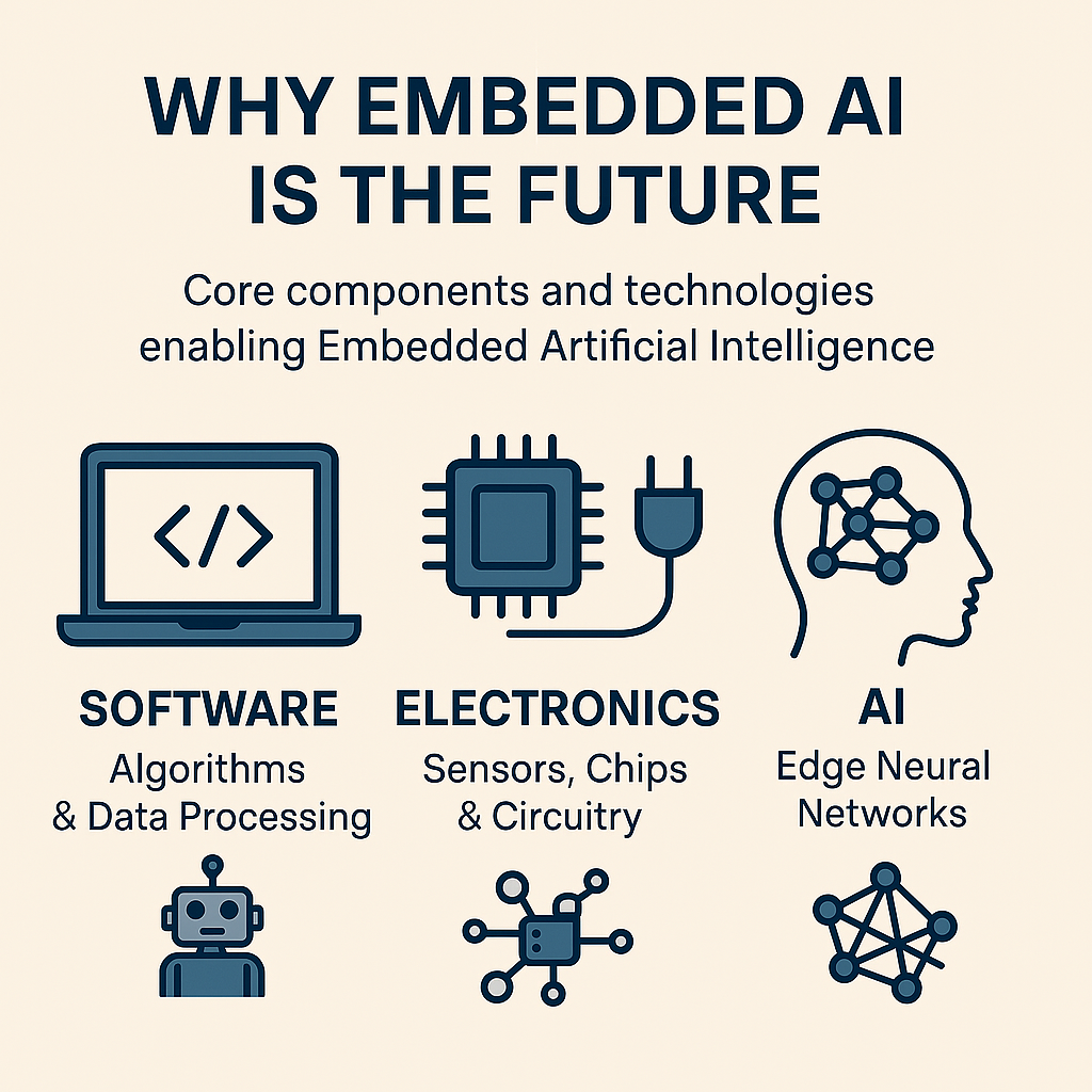 Illustration showing software, electronics, and AI as key components of embedded artificial intelligence including algorithms, chips, and neural networks. Embedded AI