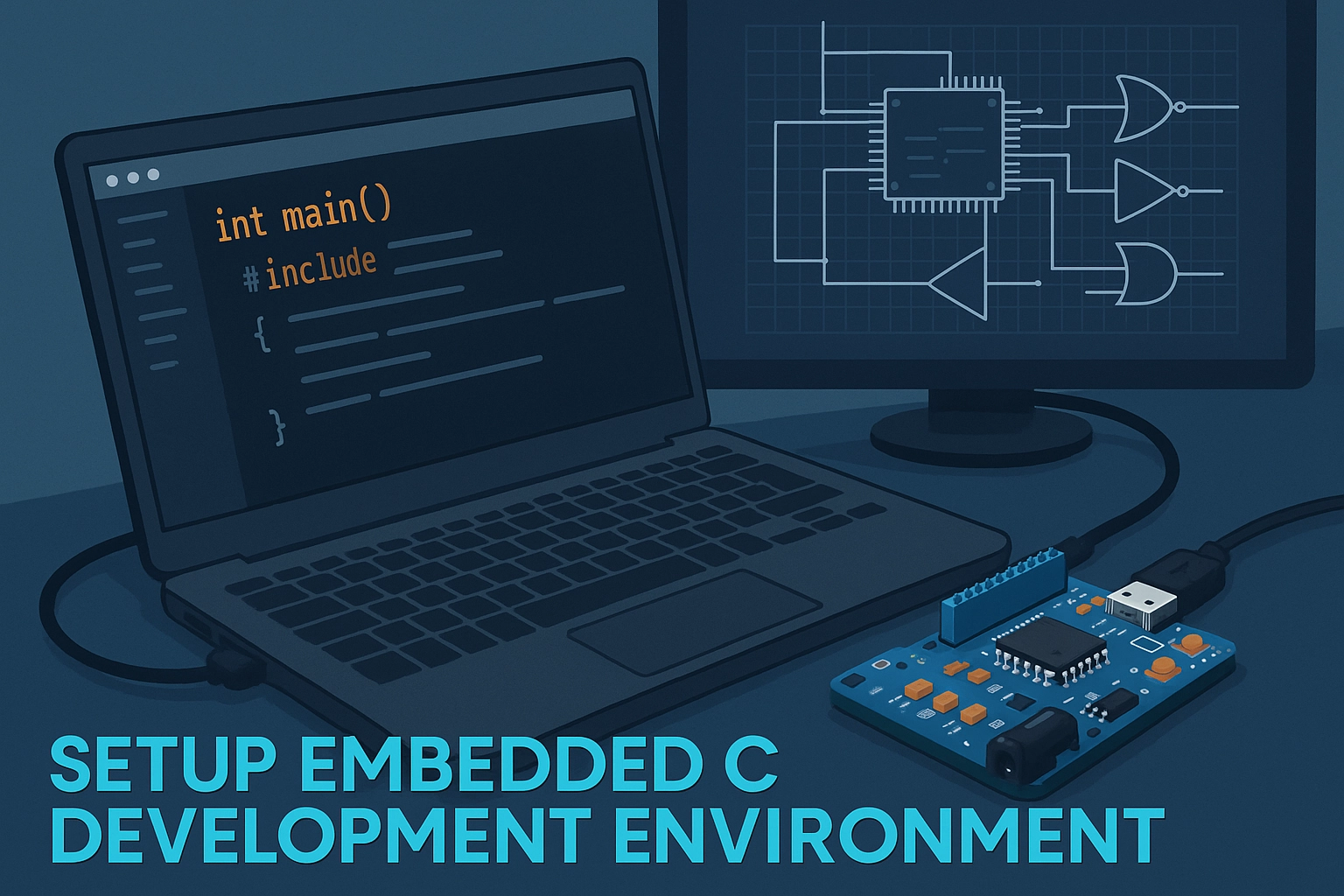 Flat-style illustration of STM32Cube IDE setup for Embedded C development on a computer