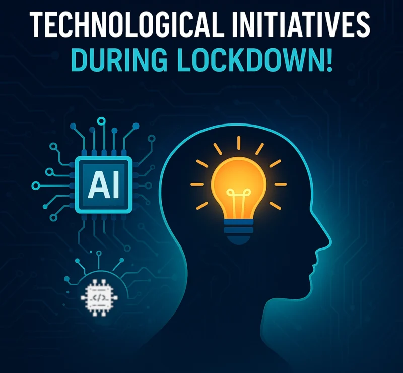 Digital illustration of Kernel Masters’ technological initiatives during lockdown with embedded systems, AI, and innovation icons