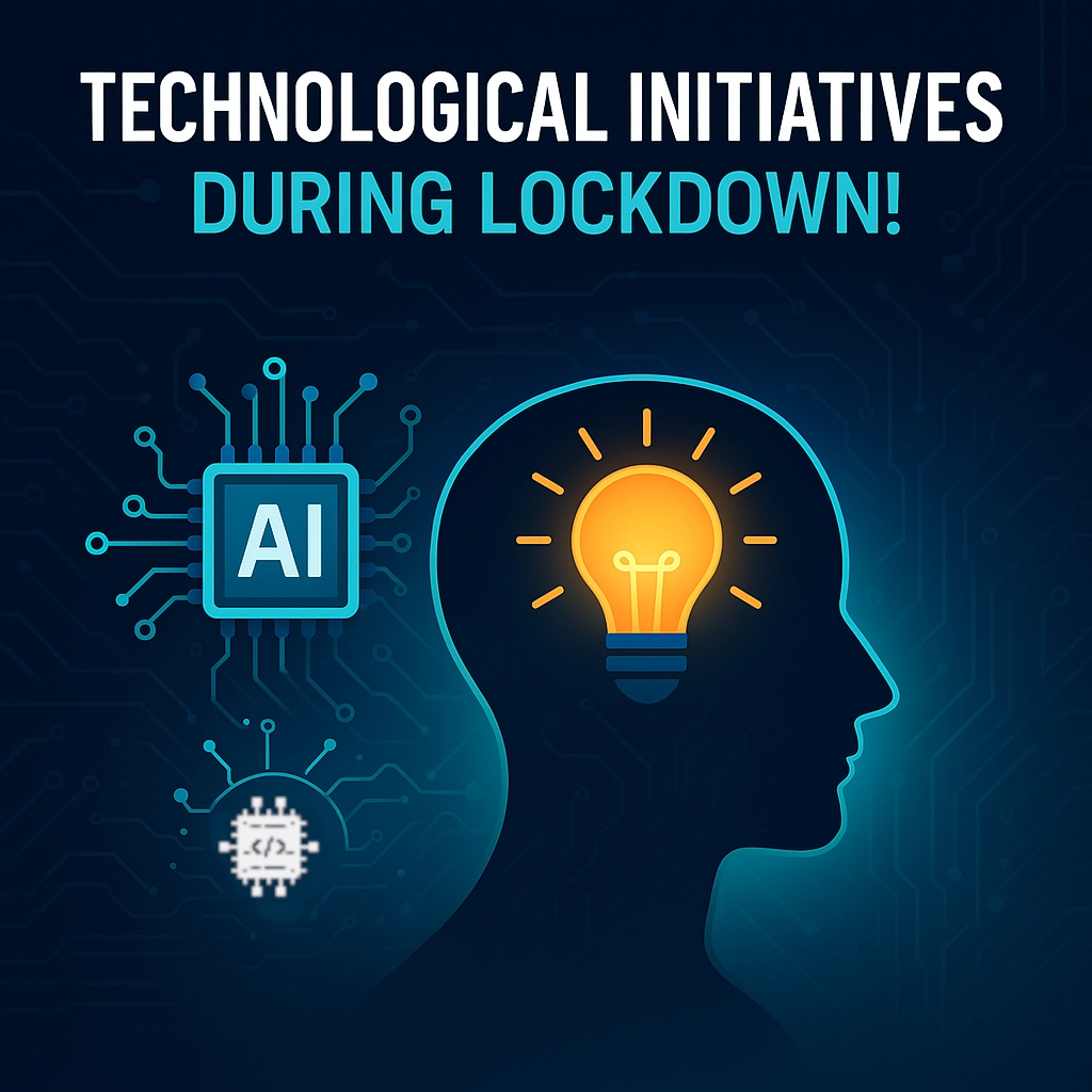 Digital illustration of Kernel Masters’ technological initiatives during lockdown with embedded systems, AI, and innovation icons