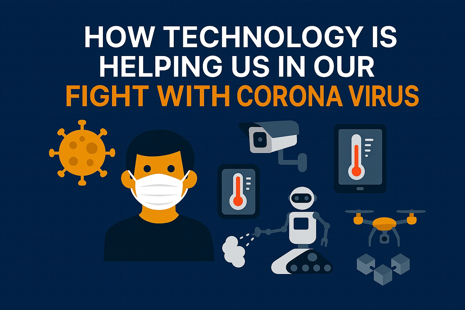 Illustration showcasing how AI, robotics, drones, and embedded systems contribute to combating COVID-19, emphasizing automation, healthcare innovation, and IoT integration.