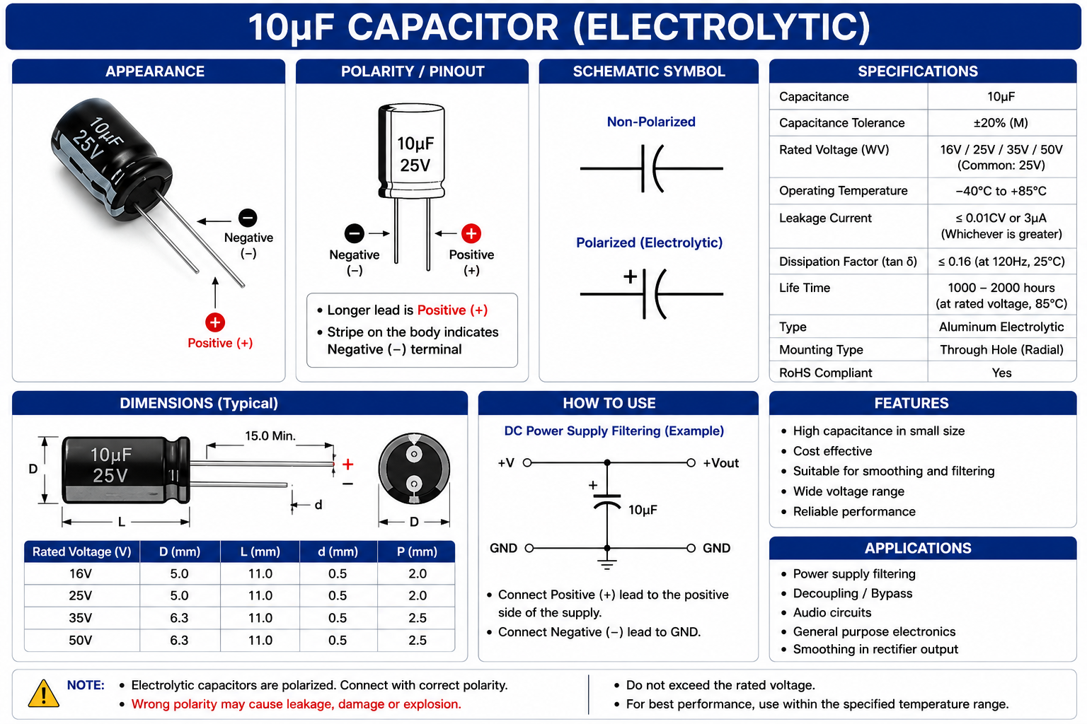10µF Electrolytic Capacitor Through Hole Radial Capacitor for Arduino STM32 and Embedded Systems
