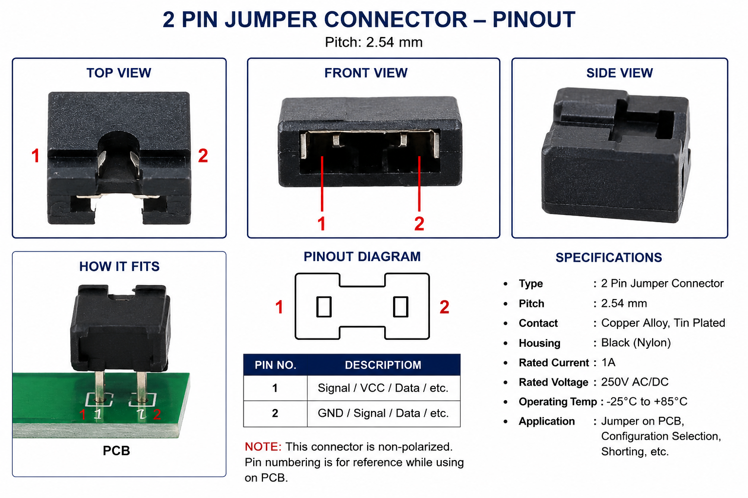2.54mm Jumper Connector Shunt for PCB Configuration and Embedded Systems