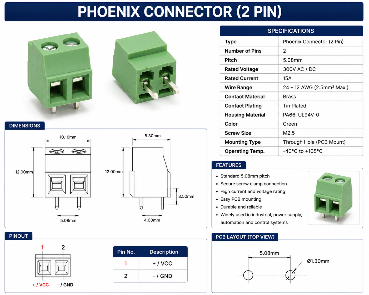 2-Pin Phoenix Connector 5.08mm Screw Terminal Block for PCB Power Connections