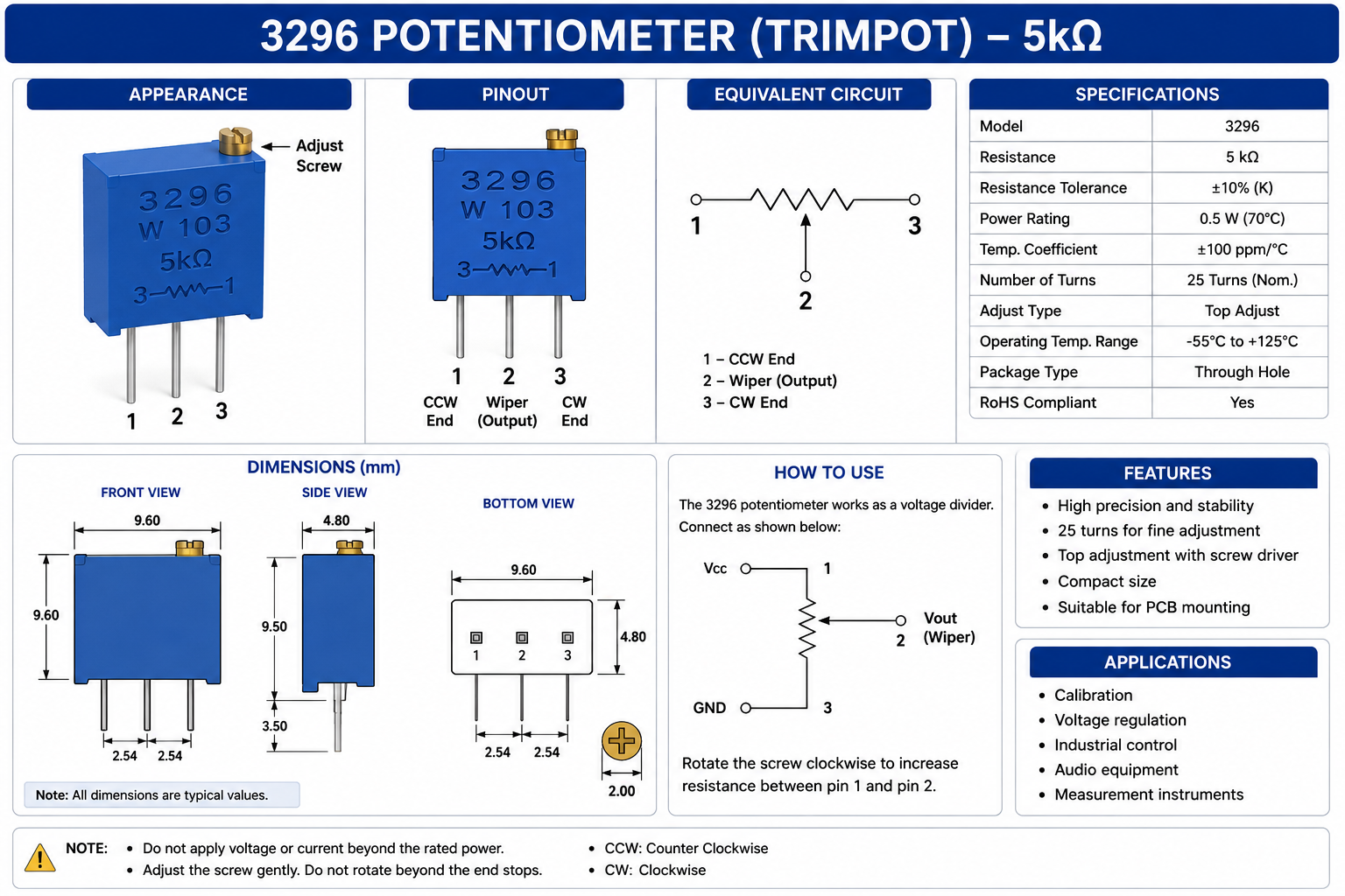 3296 5kΩ Multi Turn Trimmer Potentiometer Through Hole Adjustable Resistor