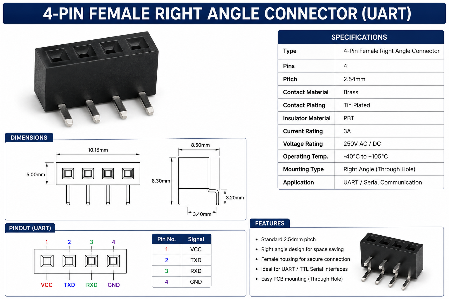 4-Pin Female Right Angle UART Connector 2.54mm PCB Header SockeT