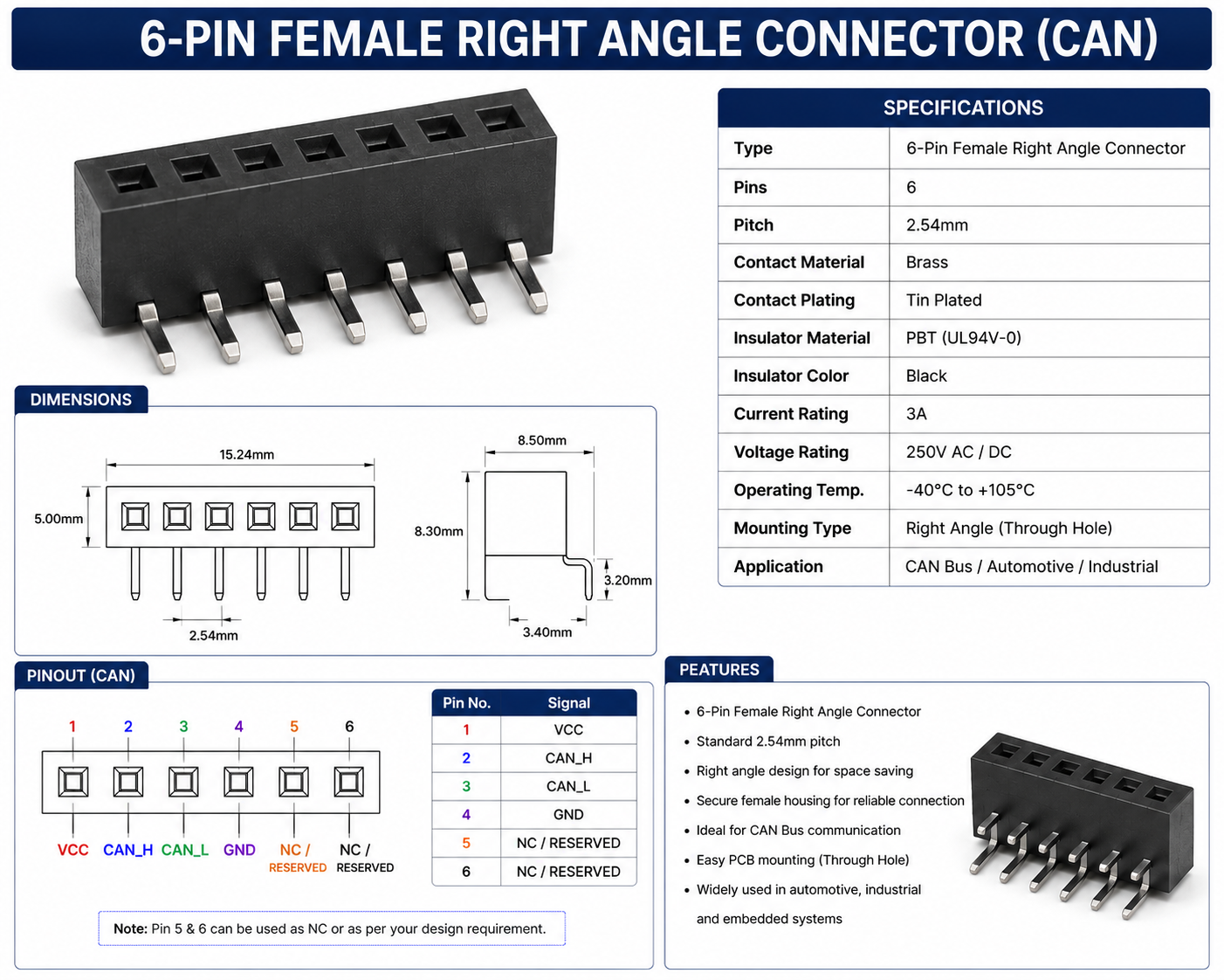 6-Pin Female Right Angle CAN Connector 2.54mm PCB Header Socket