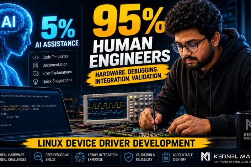 Kernel Masters banner highlighting why Linux device driver development still requires human engineers over AI