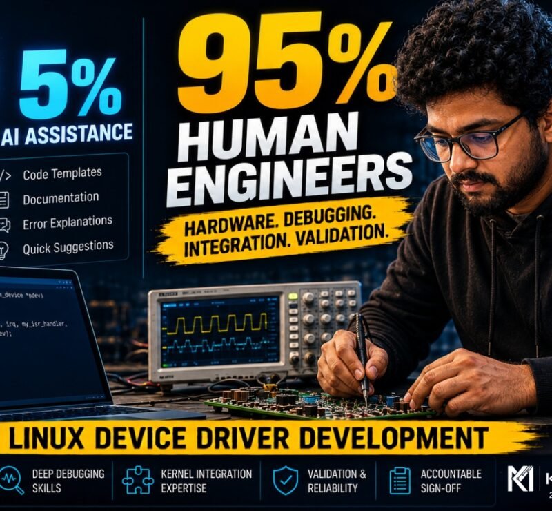 Kernel Masters banner highlighting why Linux device driver development still requires human engineers over AI