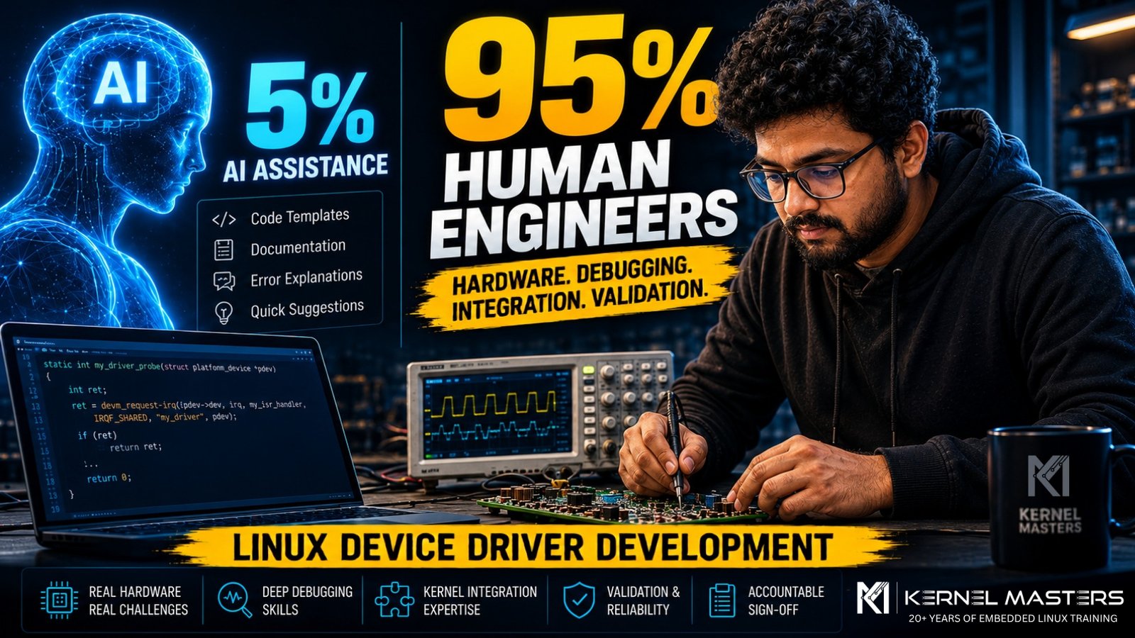 Kernel Masters banner highlighting why Linux device driver development still requires human engineers over AI