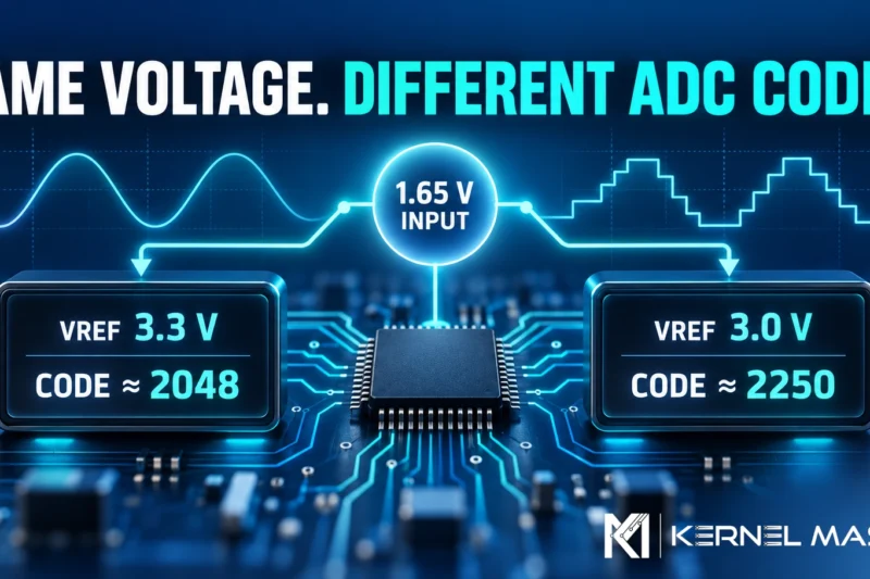 Illustration of the same 1.65 V ADC input producing different digital codes when the reference voltage changes