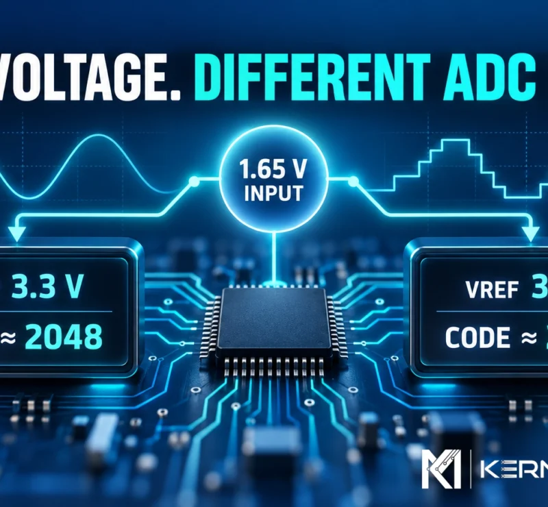 Illustration of the same 1.65 V ADC input producing different digital codes when the reference voltage changes