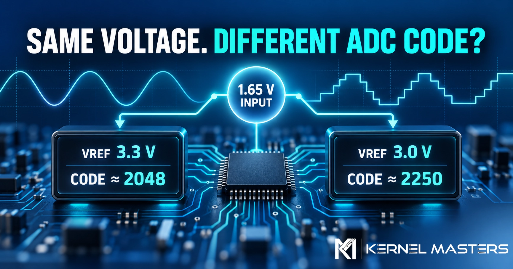 Illustration of the same 1.65 V ADC input producing different digital codes when the reference voltage changes