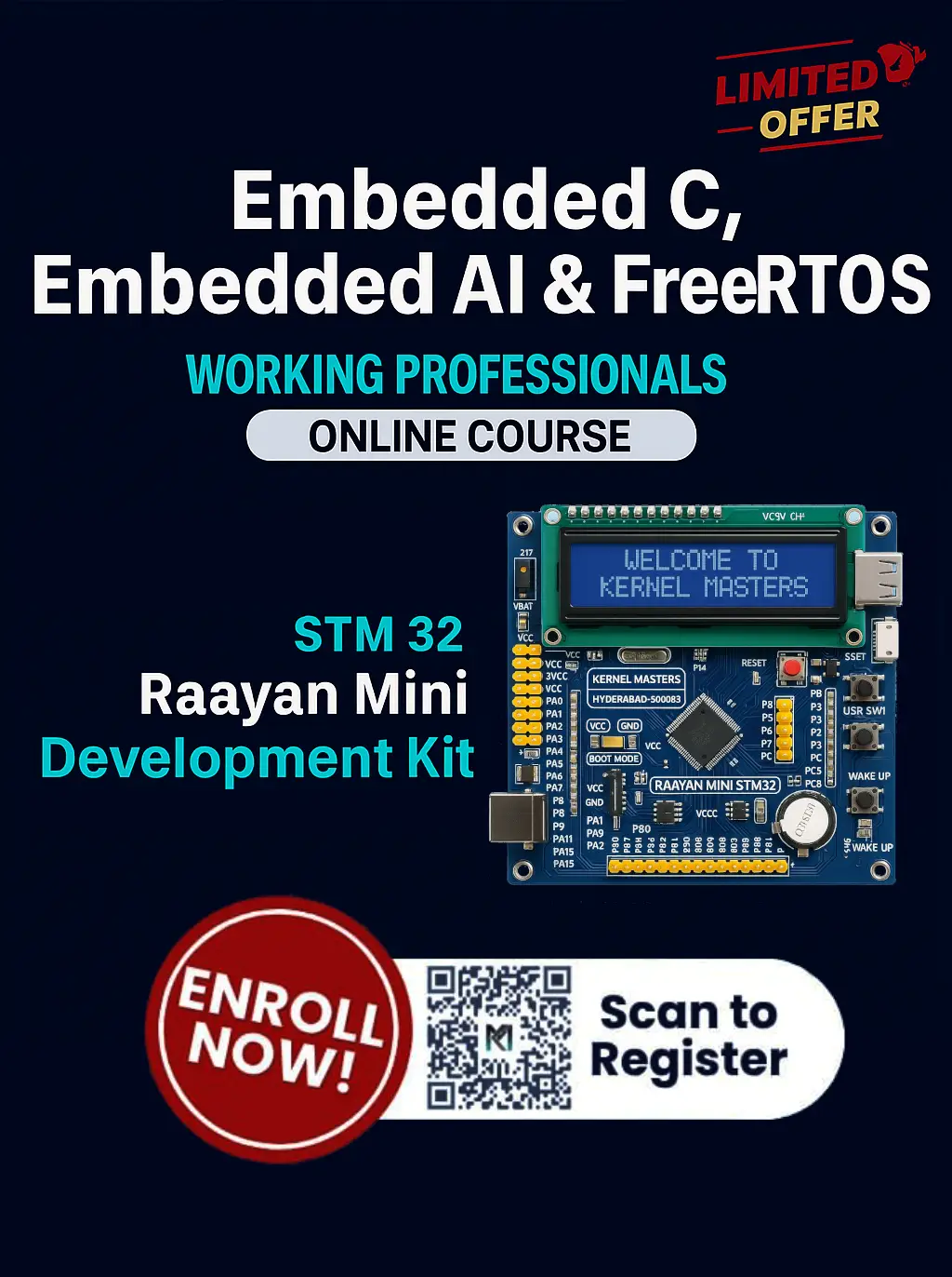 Promotional graphic for Kernel Masters online course covering Embedded C, Embedded AI, FreeRTOS, and STM32 Raayan Mini Development Kit